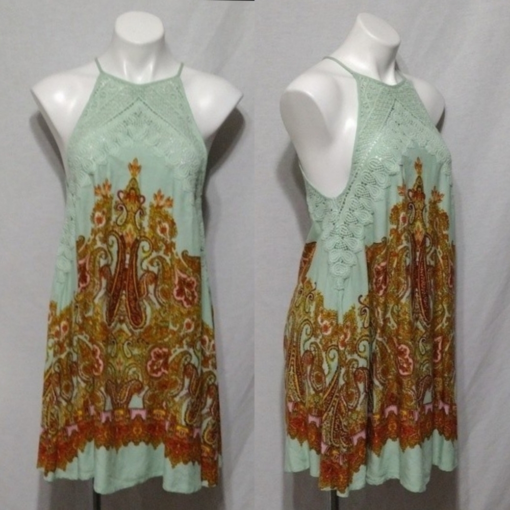 Free People Paisley Crochet Trim Flowy A-Line Slip Summer Dress Small Boho Chic